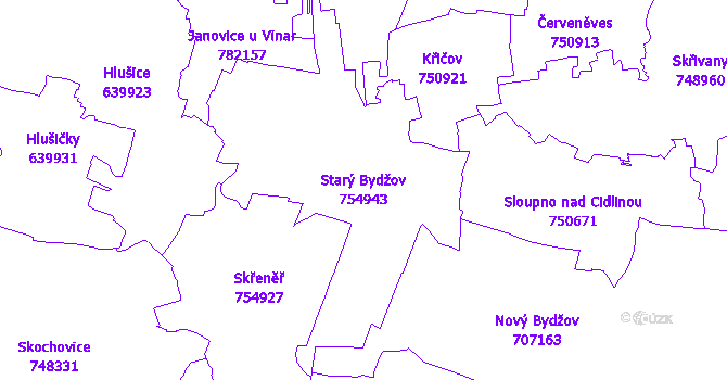 Katastrální mapa Starý Bydžov - přehledová mapa katastrálního území