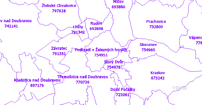 Katastrální mapa Podhradí v Železných horách - přehledová mapa katastrálního území