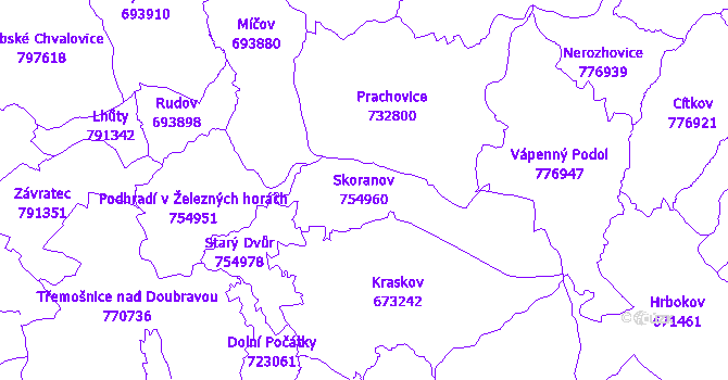 Katastrální mapa Skoranov - přehledová mapa katastrálního území