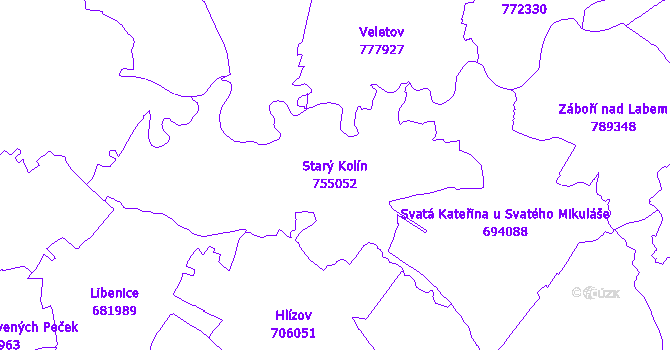 Katastrální mapa Starý Kolín - přehledová mapa katastrálního území