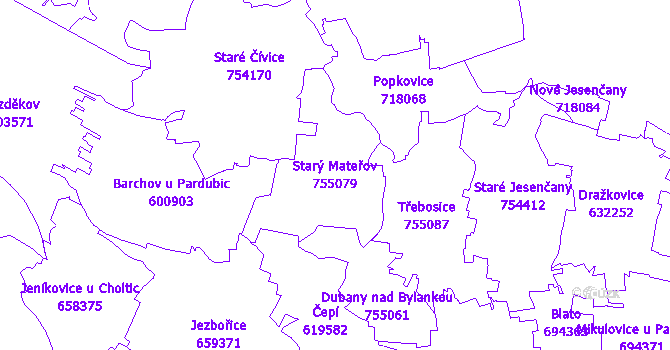 Katastrální mapa Starý Mateřov - přehledová mapa katastrálního území