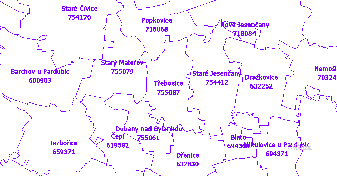 Katastrální mapa Třebosice - přehledová mapa katastrálního území