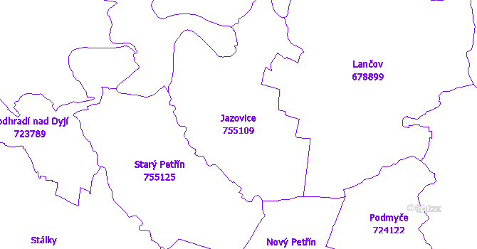 Katastrální mapa Jazovice - přehledová mapa katastrálního území
