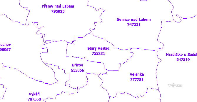 Katastrální mapa Starý Vestec - přehledová mapa katastrálního území