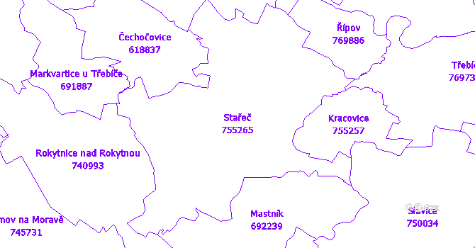 Katastrální mapa Stařeč - přehledová mapa katastrálního území