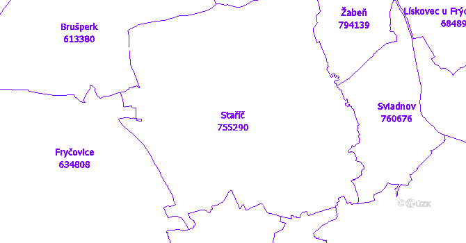 Katastrální mapa Staříč - přehledová mapa katastrálního území