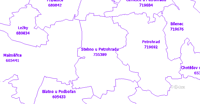 Katastrální mapa Stebno u Petrohradu - přehledová mapa katastrálního území