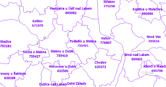 Katastrální mapa Podlešín u Stebna - přehledová mapa katastrálního území