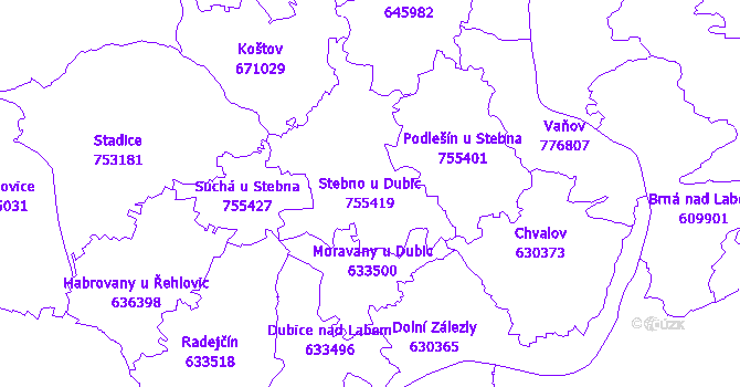 Katastrální mapa Stebno u Dubic - přehledová mapa katastrálního území
