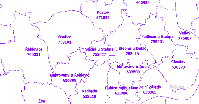 Katastrální mapa Suchá u Stebna - přehledová mapa katastrálního území