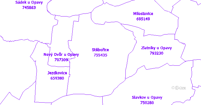 Katastrální mapa Stěbořice - přehledová mapa katastrálního území