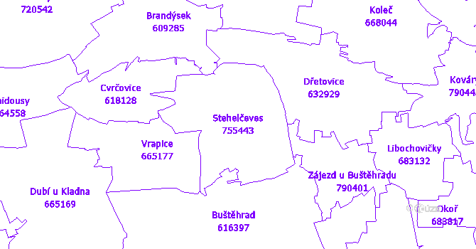 Katastrální mapa Stehelčeves - přehledová mapa katastrálního území