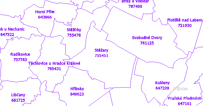 Katastrální mapa Stěžery - přehledová mapa katastrálního území