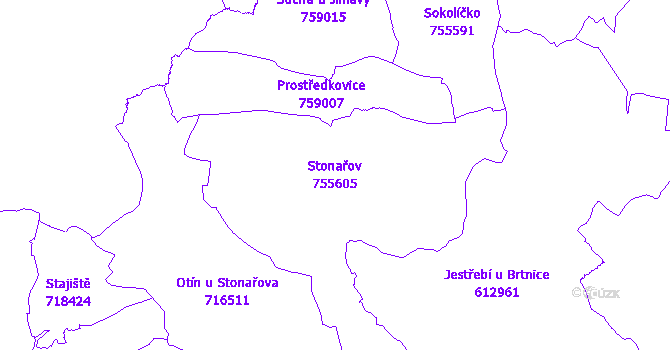 Katastrální mapa Stonařov - přehledová mapa katastrálního území