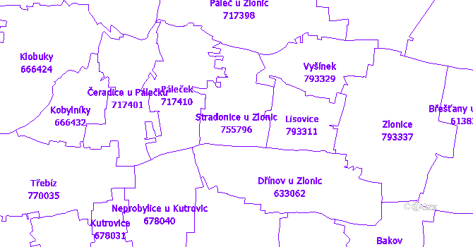 Katastrální mapa Stradonice u Zlonic - přehledová mapa katastrálního území