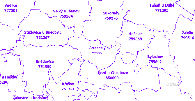 Katastrální mapa Strachaly - přehledová mapa katastrálního území