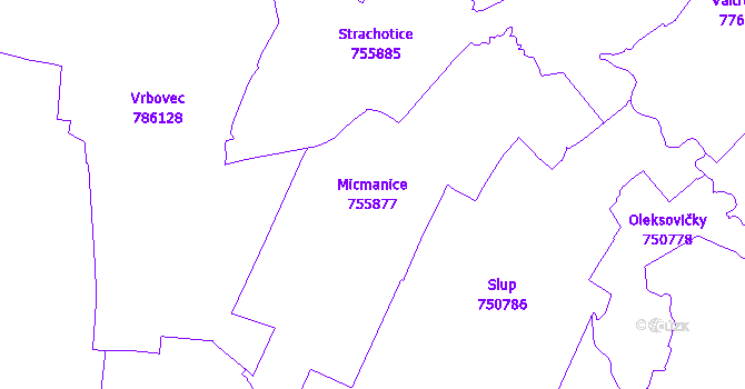 Katastrální mapa Micmanice - přehledová mapa katastrálního území