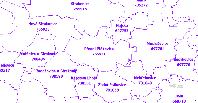 Katastrální mapa Přední Ptákovice - přehledová mapa katastrálního území