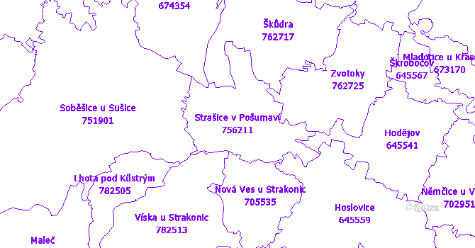 Katastrální mapa Strašice v Pošumaví - přehledová mapa katastrálního území