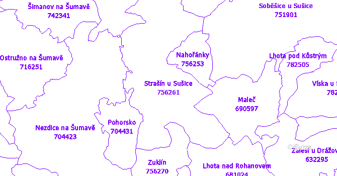 Katastrální mapa Strašín u Sušice - přehledová mapa katastrálního území