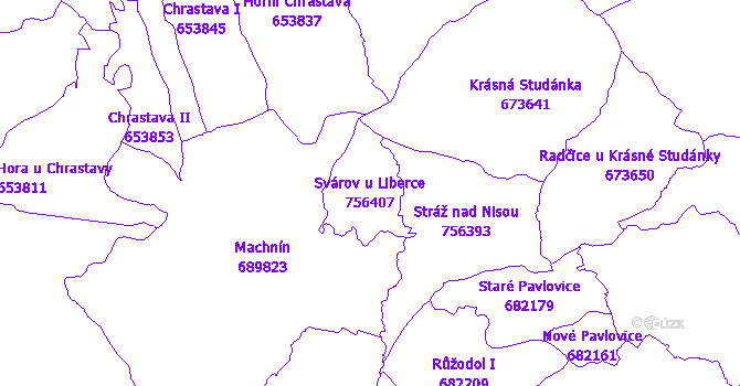Katastrální mapa Svárov u Liberce - přehledová mapa katastrálního území