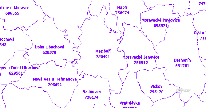 Katastrální mapa Meziboří - přehledová mapa katastrálního území