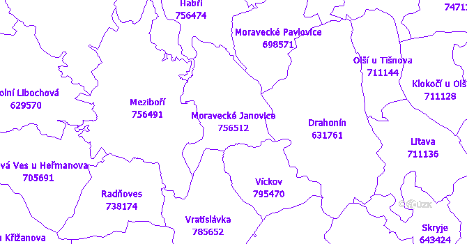 Katastrální mapa Moravecké Janovice - přehledová mapa katastrálního území