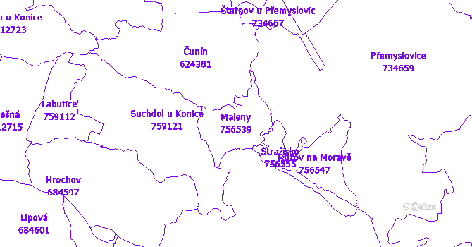 Katastrální mapa Maleny - přehledová mapa katastrálního území
