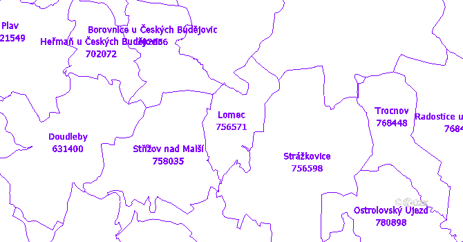 Katastrální mapa Lomec - přehledová mapa katastrálního území