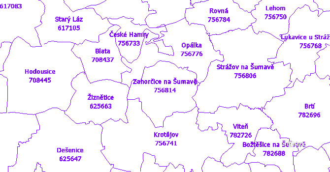 Katastrální mapa Zahorčice na Šumavě - přehledová mapa katastrálního území