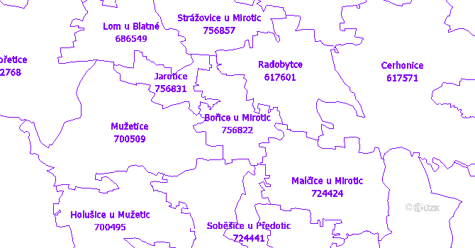 Katastrální mapa Bořice u Mirotic - přehledová mapa katastrálního území