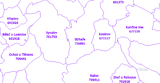 Katastrální mapa Strhaře - přehledová mapa katastrálního území