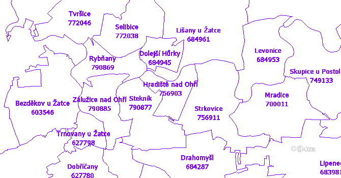 Katastrální mapa Hradiště nad Ohří - přehledová mapa katastrálního území