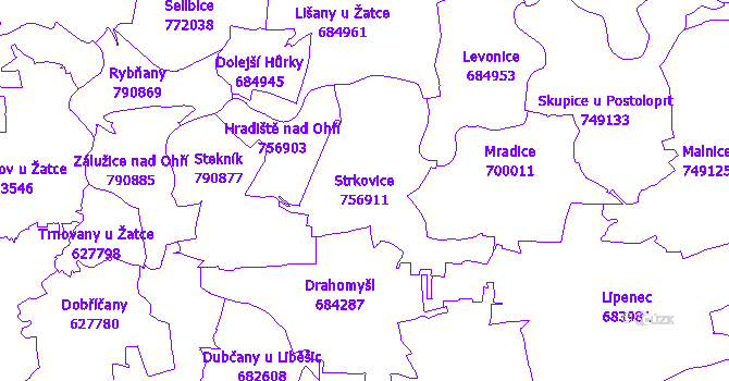 Katastrální mapa Strkovice - přehledová mapa katastrálního území