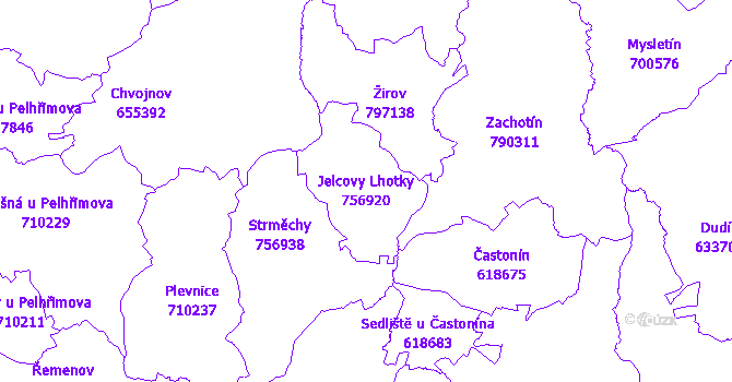 Katastrální mapa Jelcovy Lhotky - přehledová mapa katastrálního území