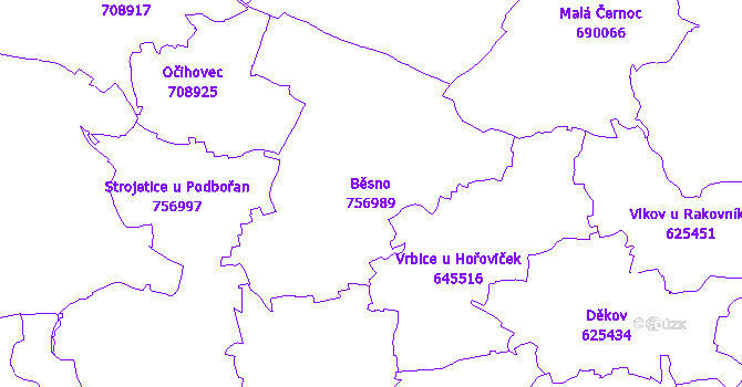 Katastrální mapa Běsno - přehledová mapa katastrálního území