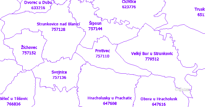 Katastrální mapa Protivec - přehledová mapa katastrálního území