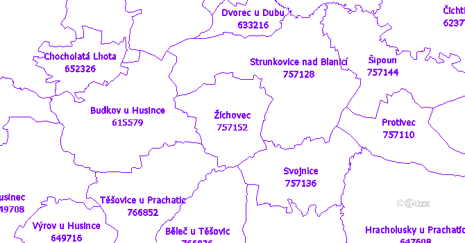 Katastrální mapa Žíchovec - přehledová mapa katastrálního území