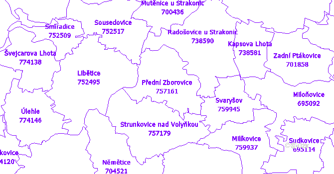 Katastrální mapa Přední Zborovice - přehledová mapa katastrálního území
