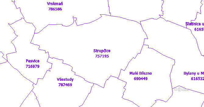 Katastrální mapa Strupčice - přehledová mapa katastrálního území