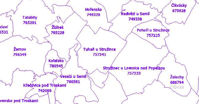 Katastrální mapa Tuhaň u Stružince - přehledová mapa katastrálního území