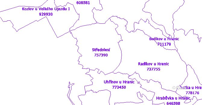 Katastrální mapa Středolesí - přehledová mapa katastrálního území