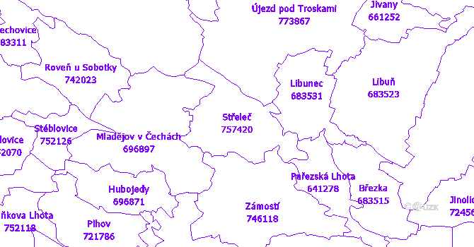 Katastrální mapa Střeleč - přehledová mapa katastrálního území
