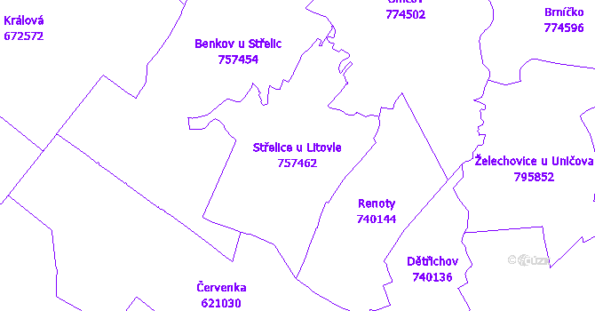Katastrální mapa Střelice u Litovle - přehledová mapa katastrálního území