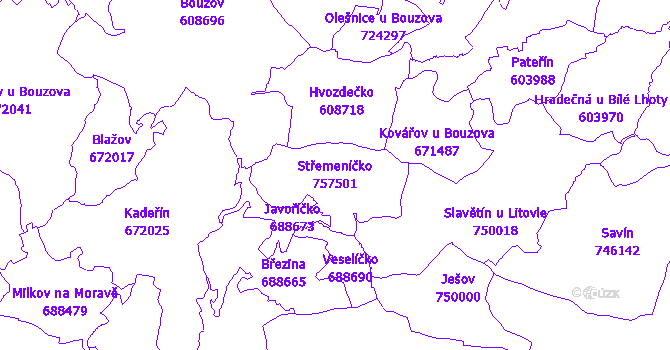 Katastrální mapa Střemeníčko - přehledová mapa katastrálního území