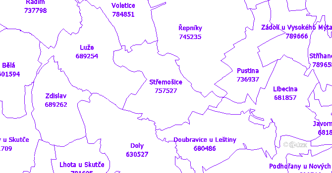 Katastrální mapa Střemošice - přehledová mapa katastrálního území