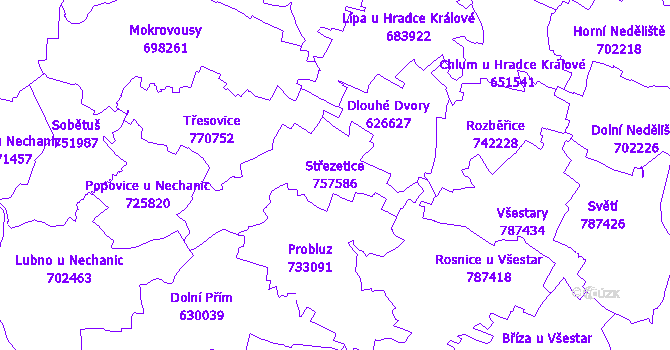 Katastrální mapa Střezetice - přehledová mapa katastrálního území