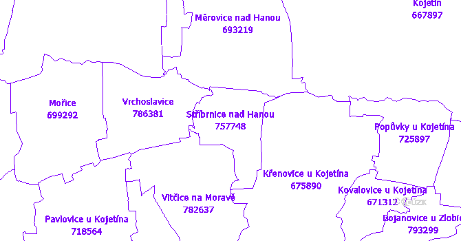 Katastrální mapa Stříbrnice nad Hanou - přehledová mapa katastrálního území