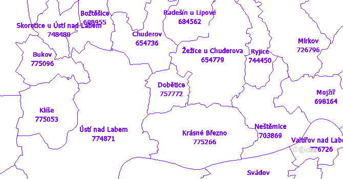 Katastrální mapa Dobětice - přehledová mapa katastrálního území