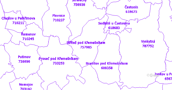Katastrální mapa Střítež pod Křemešníkem - přehledová mapa katastrálního území